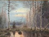 peinture représentant une scène forestière avec un oiseau volant au-dessus de l'eau