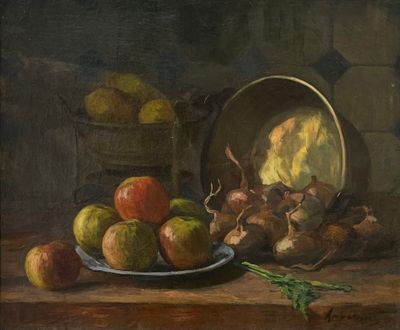 un tableau représentant des pommes et des oignons posés sur une table