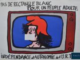 painting of a woman with red hair on a television screen with words on it
