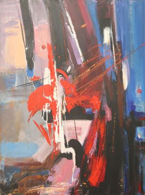 peinture abstraite représentant un violoniste, en rouge et bleu