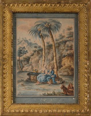une image représentant un tableau où l'on voit un homme et une femme assis sous un palmier