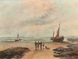 a painting of a group of people walking on the beach