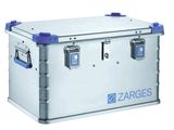 a silver box with blue handles and a logo on it
