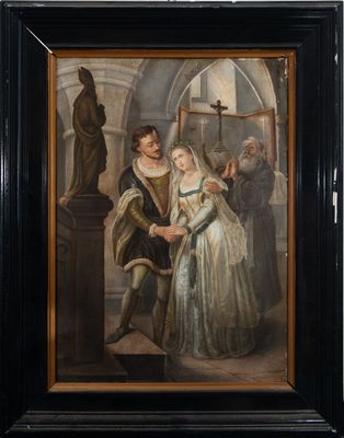 an oil painting of a man and a woman standing in front of a statue