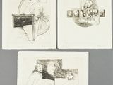 three drawings of a man sitting at a table with a dog