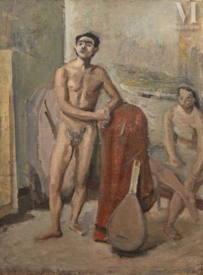 un tableau représentant un homme debout à côté d'une femme