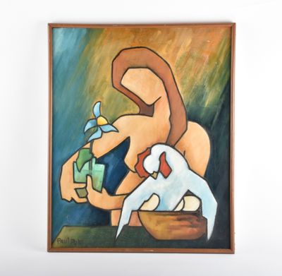 un tableau accroché au mur représentant une femme tenant un oiseau