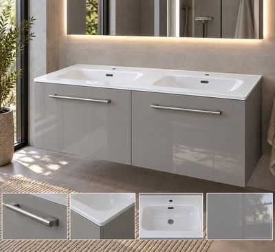 a picture of a bathroom with two sinks and a mirror