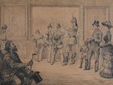 a drawing of a group of people standing in a room