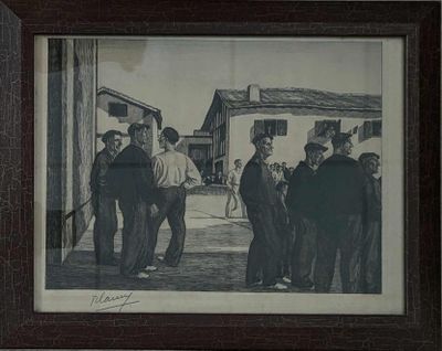 tableau représentant un groupe d'hommes debout devant un bâtiment