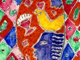 an abstract painting of a cat and a bird on a colorful background