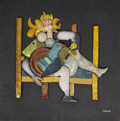 tableau représentant une femme assise sur une chaise, avec un oiseau sur les genoux