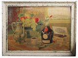 painting of a still life with a bottle of wine and a vase of flowers