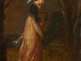 a painting of a woman in a pink dress standing in a wooded area