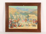 painting of a painting of people in a village with mountains in the background