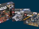 une boîte contenant des sets Lego Star Wars sur fond bleu