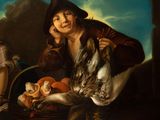 a painting of a woman holding a bird next to a basket of dead birds