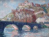 painting of a bridge over a river with a castle on a hill in the background