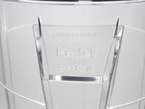 a clear glass trophy with a silver base on a table