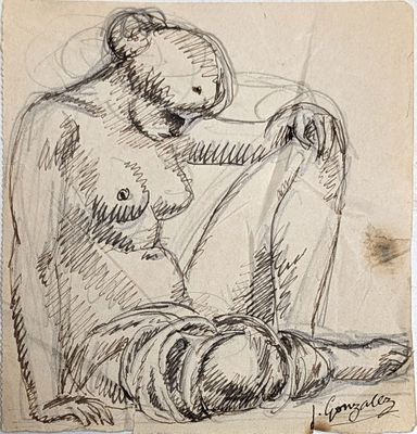 dessin représentant un homme assis par terre, les jambes croisées
