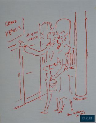 a drawing of a man and a woman standing in front of a door