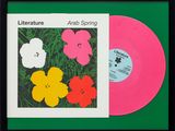 un disque vinyle rose posé sur une surface verte