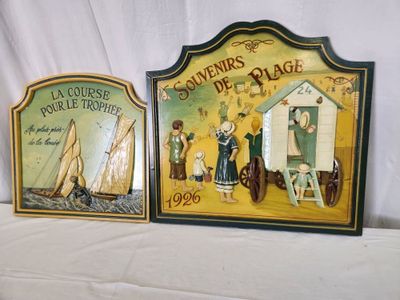 two framed pictures of people on the beach