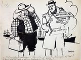 drawing of a cartoon of a man holding a tray of food and another man holding a tray of food