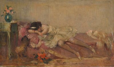 tableau représentant une femme allongée sur un canapé, la tête posée sur un oreiller