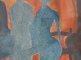 un tableau représentant deux personnes assises sur un banc