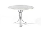 an image of a white marble table with a metal base