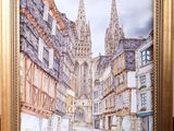 an image of a painting of a city street with a church in the background