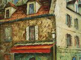 an oil painting of a building with a red awning in front of it