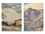deux tableaux représentant un village de montagne et un village au loin
