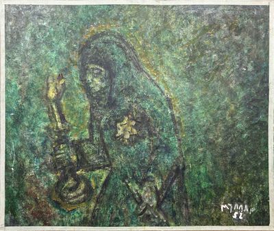 une peinture à l'huile représentant une femme tenant un bébé dans ses bras