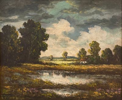 peinture d'un paysage avec une rivière et des arbres au premier plan