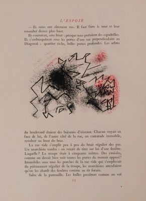 an open book with a black and red drawing on it