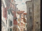 an oil painting of a street scene with buildings on either side of the street