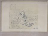 drawing of a woman sitting on the ground with a hat on