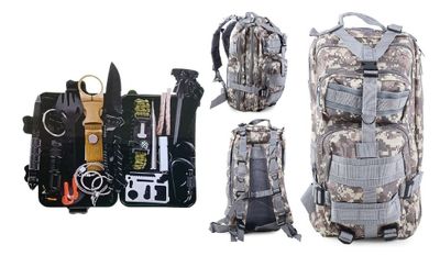 Kit de survie et un sac à dos camouflage militaire 30 L.