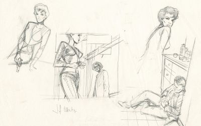 des croquis représentant une femme assise sur une chaise et un homme debout à côté d'elle