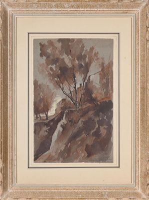an image of a painting of a tree on a hill