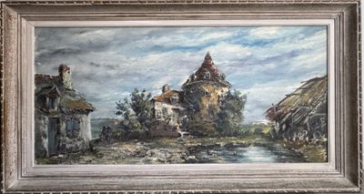 an oil painting of a village scene with a river and houses