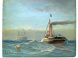 un tableau représentant un bateau sur l'eau, avec un chien au premier plan