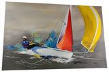 a painting of a man on a sailboat in the water