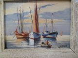 une peinture représentant un groupe de bateaux dans l'eau