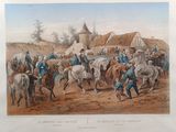 an old painting of a group of men riding horses in a field