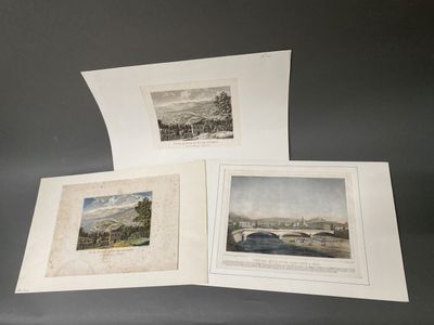 trois gravures représentant une rivière et un pont