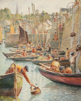 un tableau représentant un groupe de personnes dans des bateaux sur l'eau