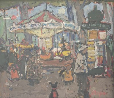 a painting of people and a dog on the street